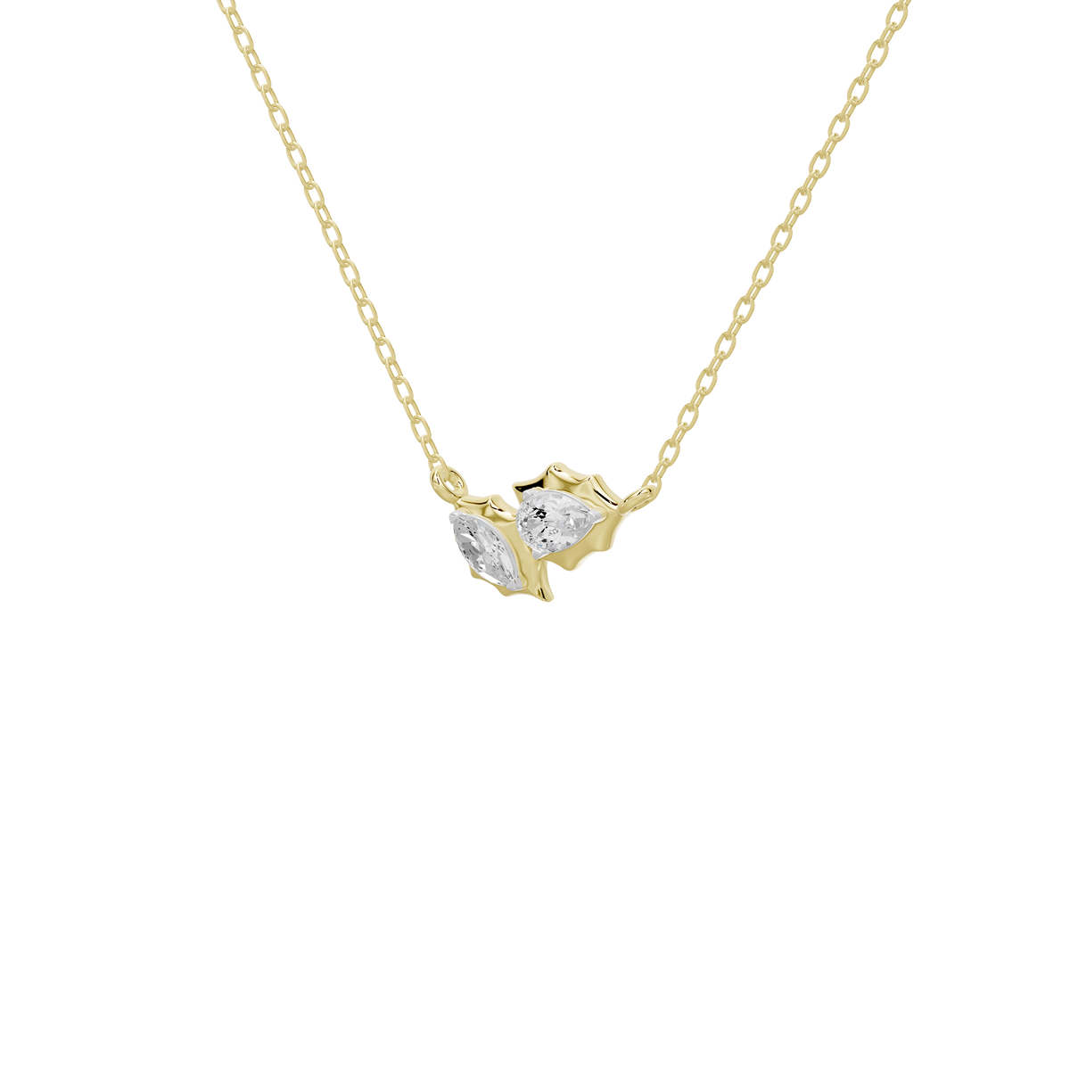 Gold vermeil chain necklace with two-stone diamond pendant, angled view