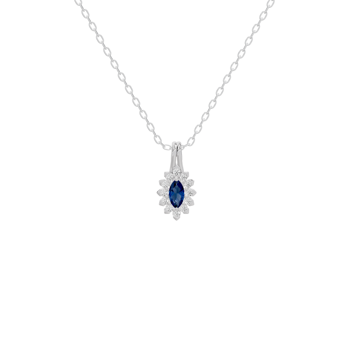 Sterling silver pendant necklace with oval blue lab diamond in a halo setting