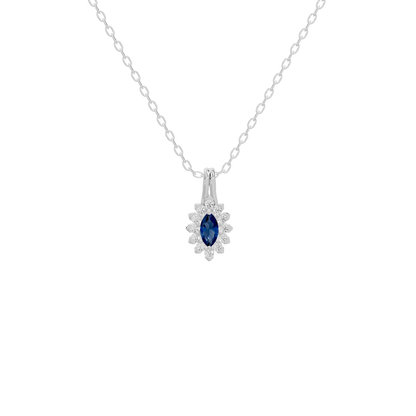Sterling silver pendant necklace with oval blue lab diamond in a halo setting