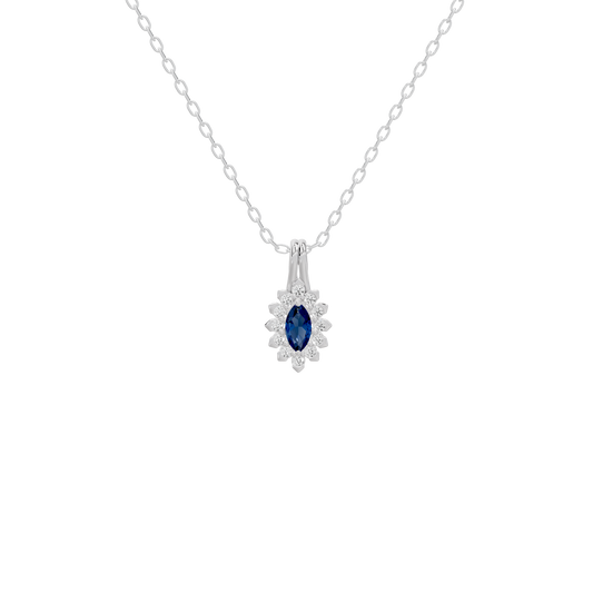 Sterling silver pendant necklace with oval blue lab diamond in a halo setting