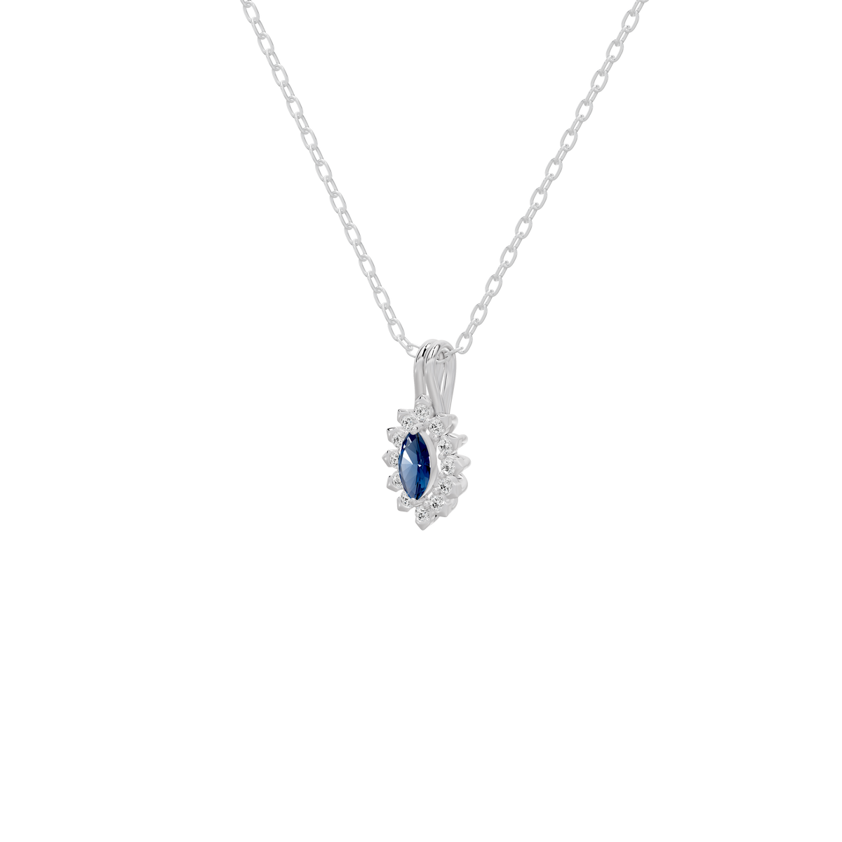 Sterling silver pendant with oval blue lab diamond and surrounding pavé detail