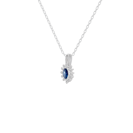 Sterling silver pendant with oval blue lab diamond and surrounding pavé detail