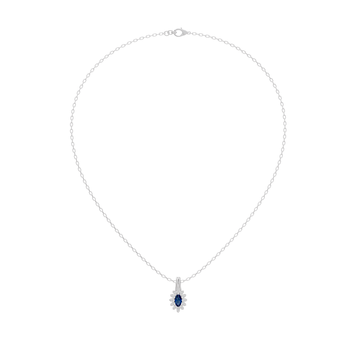 Sterling silver chain necklace with small oval blue lab diamond pendant