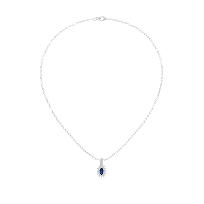 Sterling silver chain necklace with small oval blue lab diamond pendant