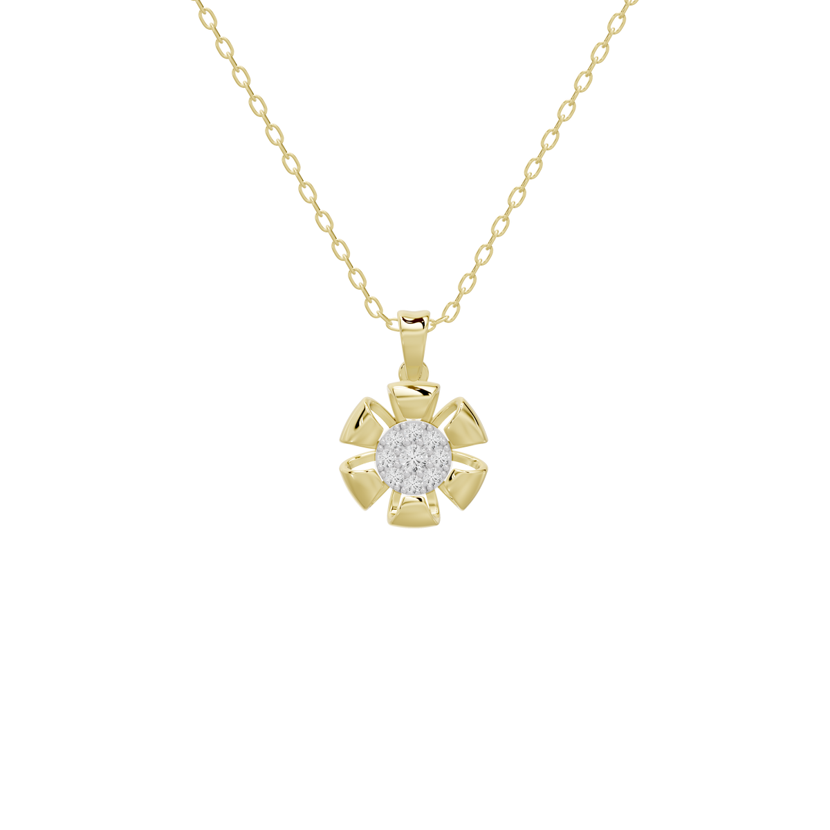 Yellow gold pendant necklace with round lab diamond in scalloped halo and cable chain