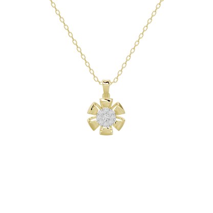 Yellow gold pendant necklace with round lab diamond in scalloped halo and cable chain