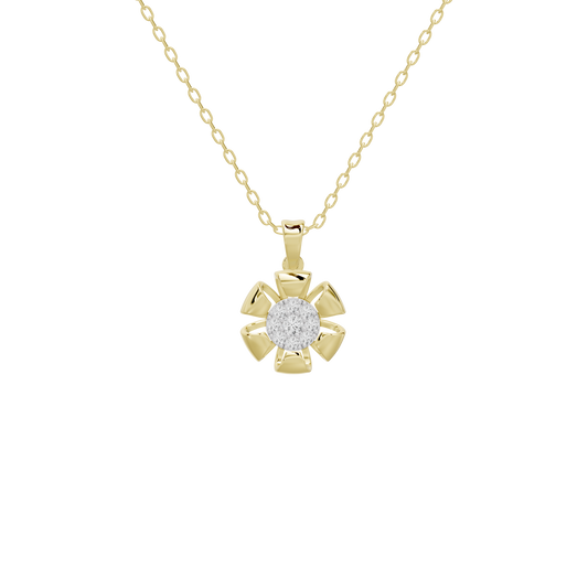 Yellow gold pendant necklace with round lab diamond in scalloped halo and cable chain