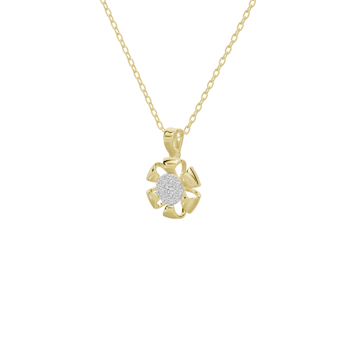 Yellow gold pendant necklace with round lab diamond halo pendant, side view