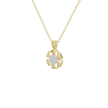 Yellow gold pendant necklace with round lab diamond halo pendant, side view