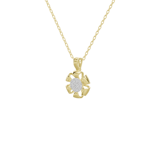 Yellow gold pendant necklace with round lab diamond halo pendant, side view