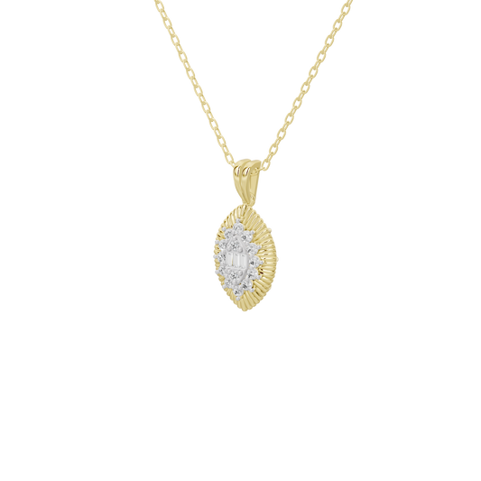 Diamond pendant necklace detail with oval halo pendant and gold vermeil links