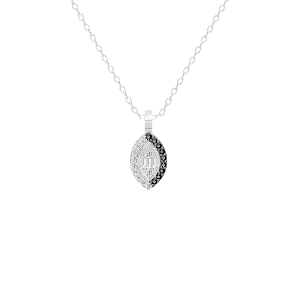 Silver lab diamond pendant on chain, teardrop-shaped pavé setting and loop bail
