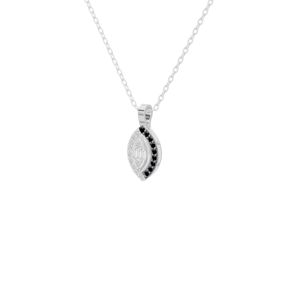 Silver lab diamond pendant on chain with teardrop frame, black center detail, pavé border