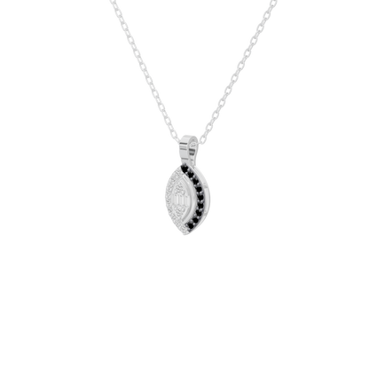Silver lab diamond pendant on chain with teardrop frame, black center detail, pavé border