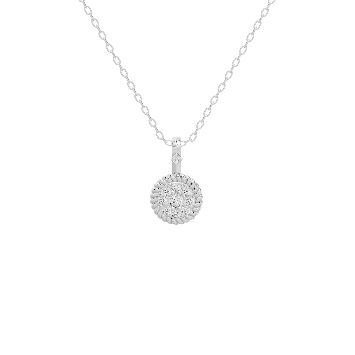 Sterling silver diamond pendant necklace with round halo pendant and small charm