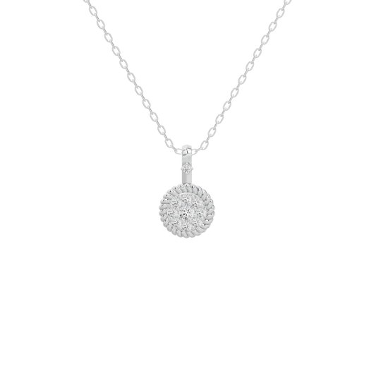 Sterling silver diamond pendant necklace with round halo pendant and small charm
