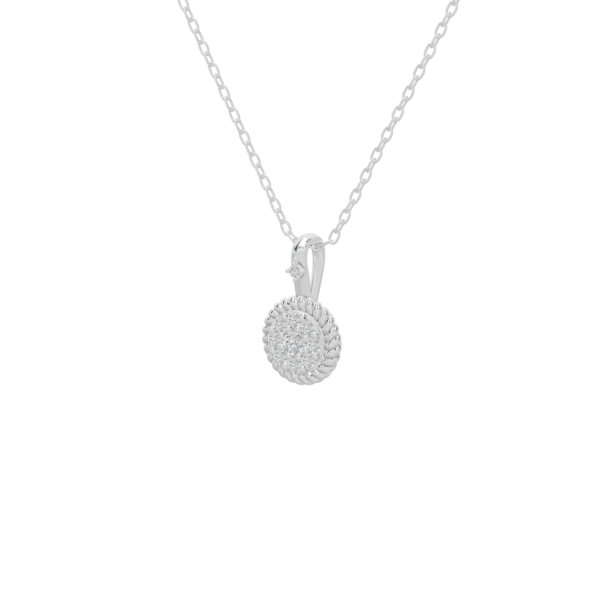 Sterling silver diamond pendant necklace with round charm and small vertical connector