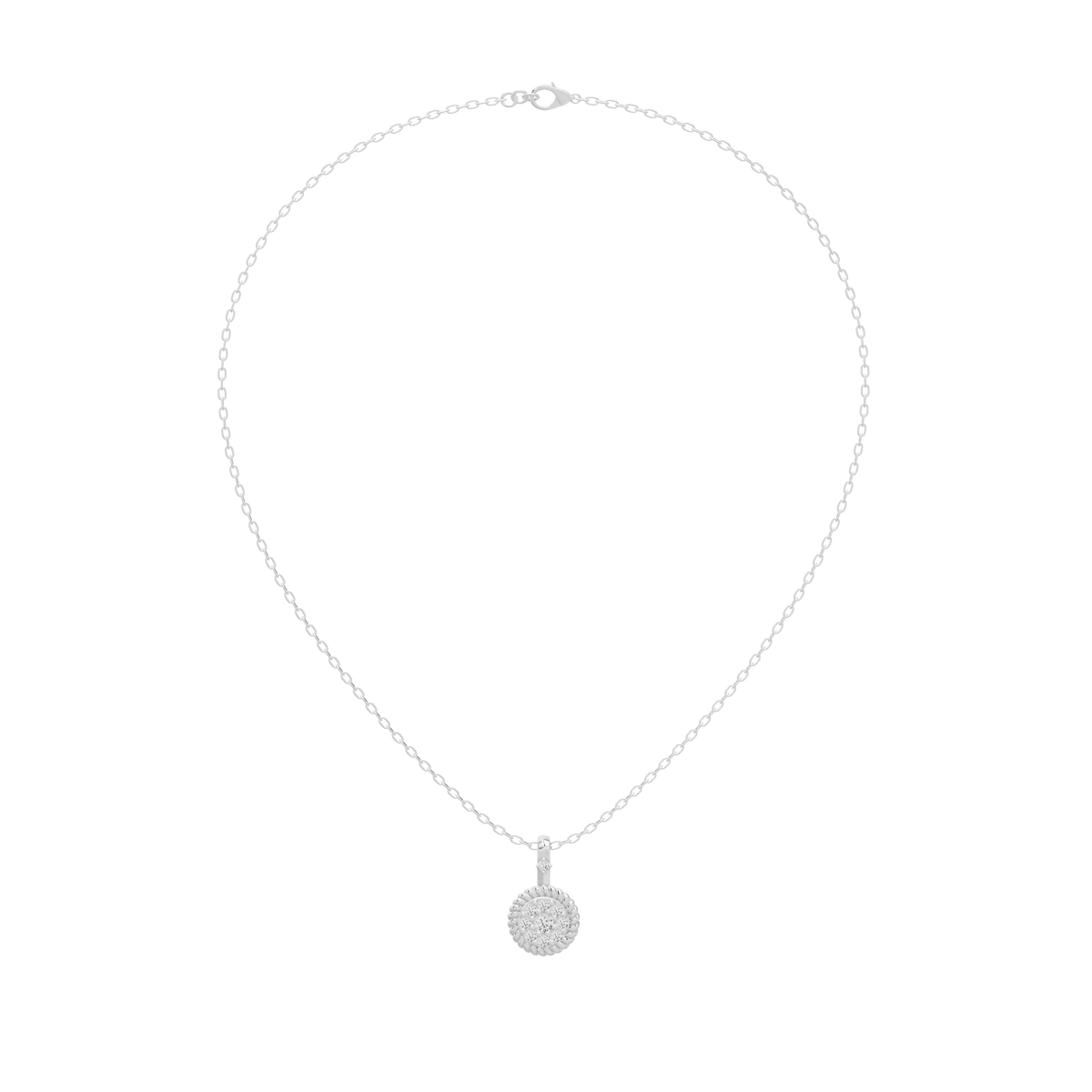 Sterling silver diamond pendant necklace with small round pendant at center
