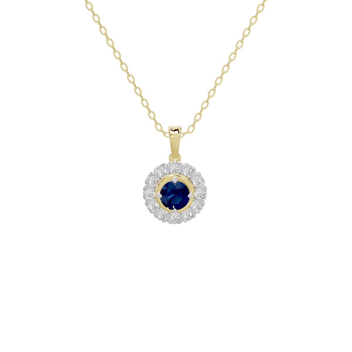 Yellow gold chain with blue lab diamond pendant and white diamond halo