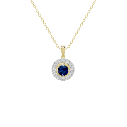 Yellow gold chain with blue lab diamond pendant and white diamond halo