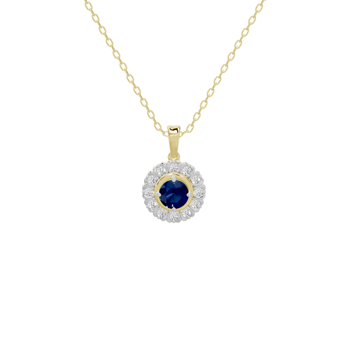 Yellow gold chain with blue lab diamond pendant and white diamond halo