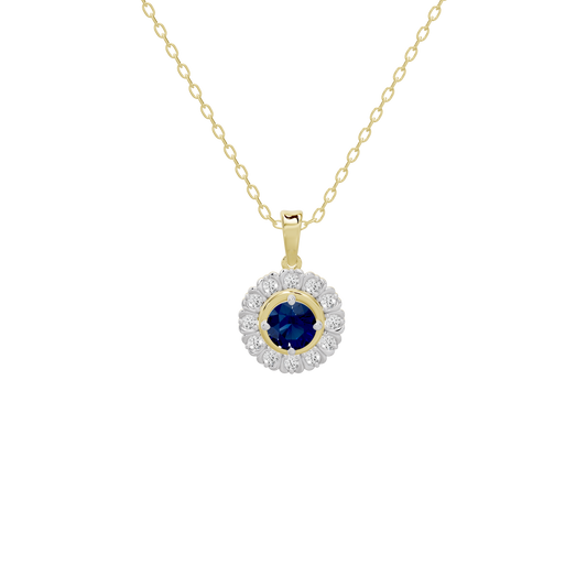Yellow gold chain with blue lab diamond pendant and white diamond halo