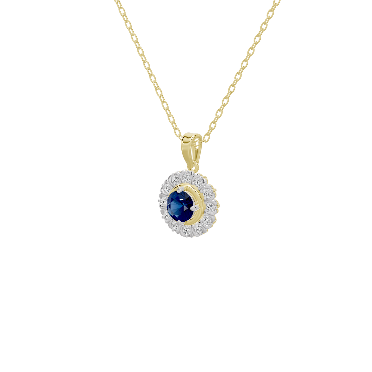 Gold chain diamond pendant with blue center stone in round diamond halo