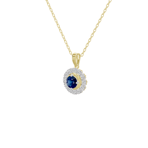 Gold chain diamond pendant with blue center stone in round diamond halo
