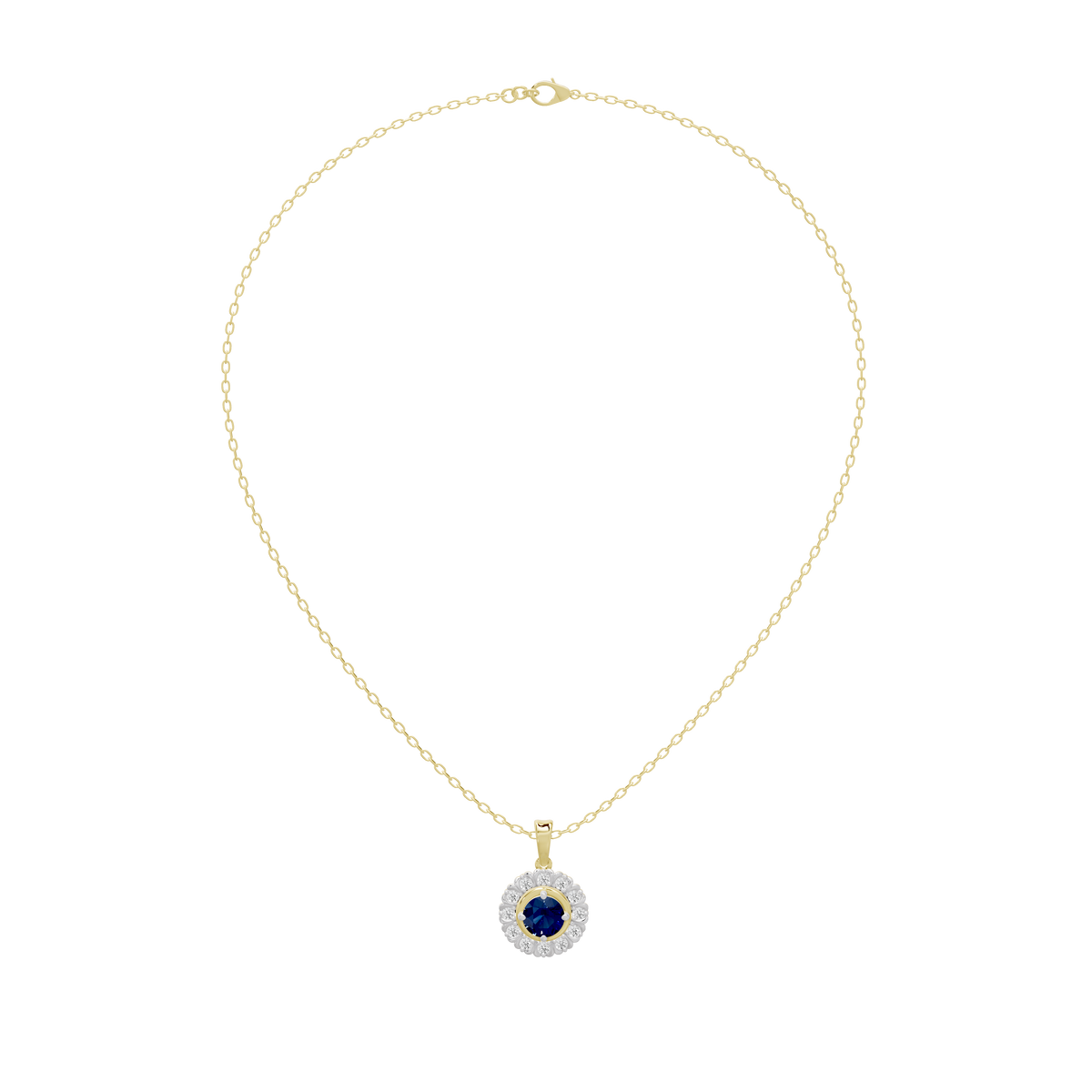 Gold chain with small blue round diamond pendant in a diamond halo