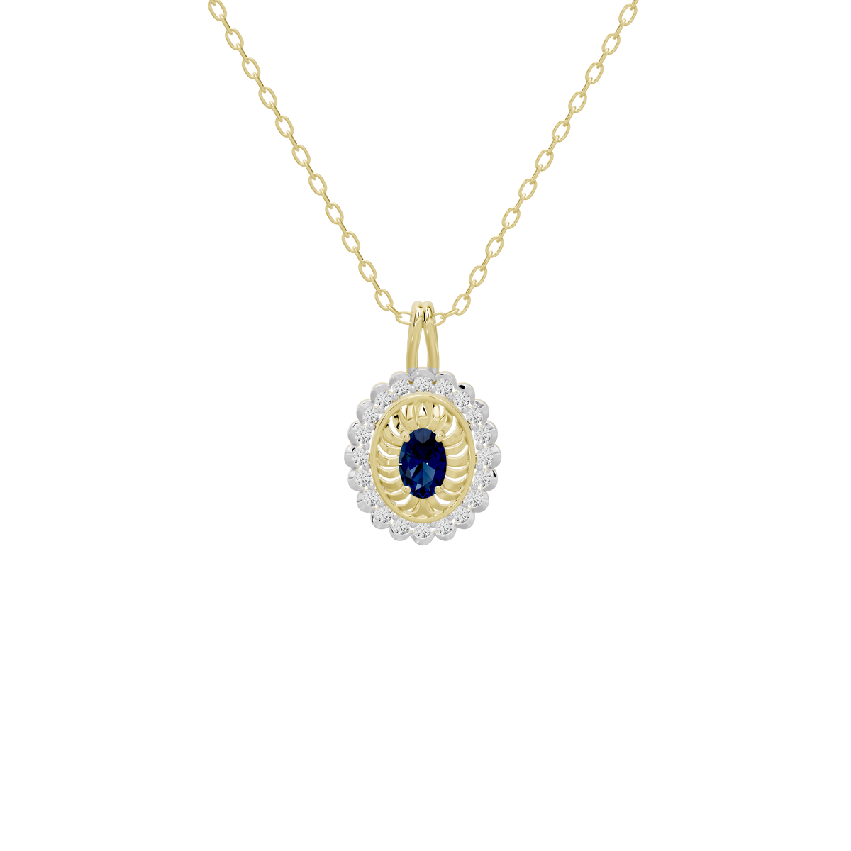 Lab diamond pendant with oval blue center stone and white halo on yellow gold chain