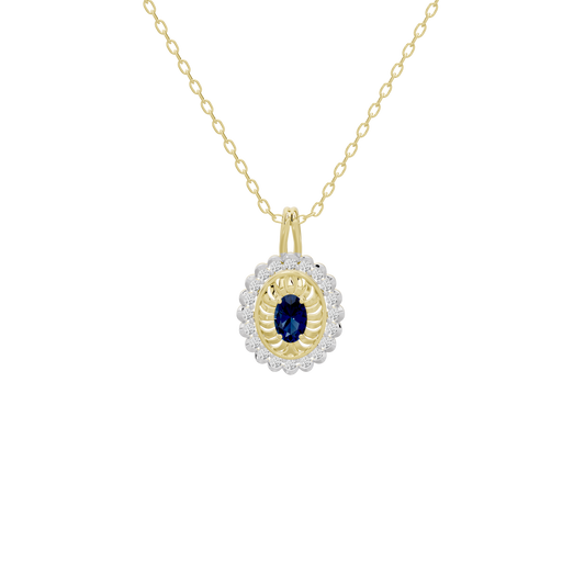 Lab diamond pendant with oval blue center stone and white halo on yellow gold chain