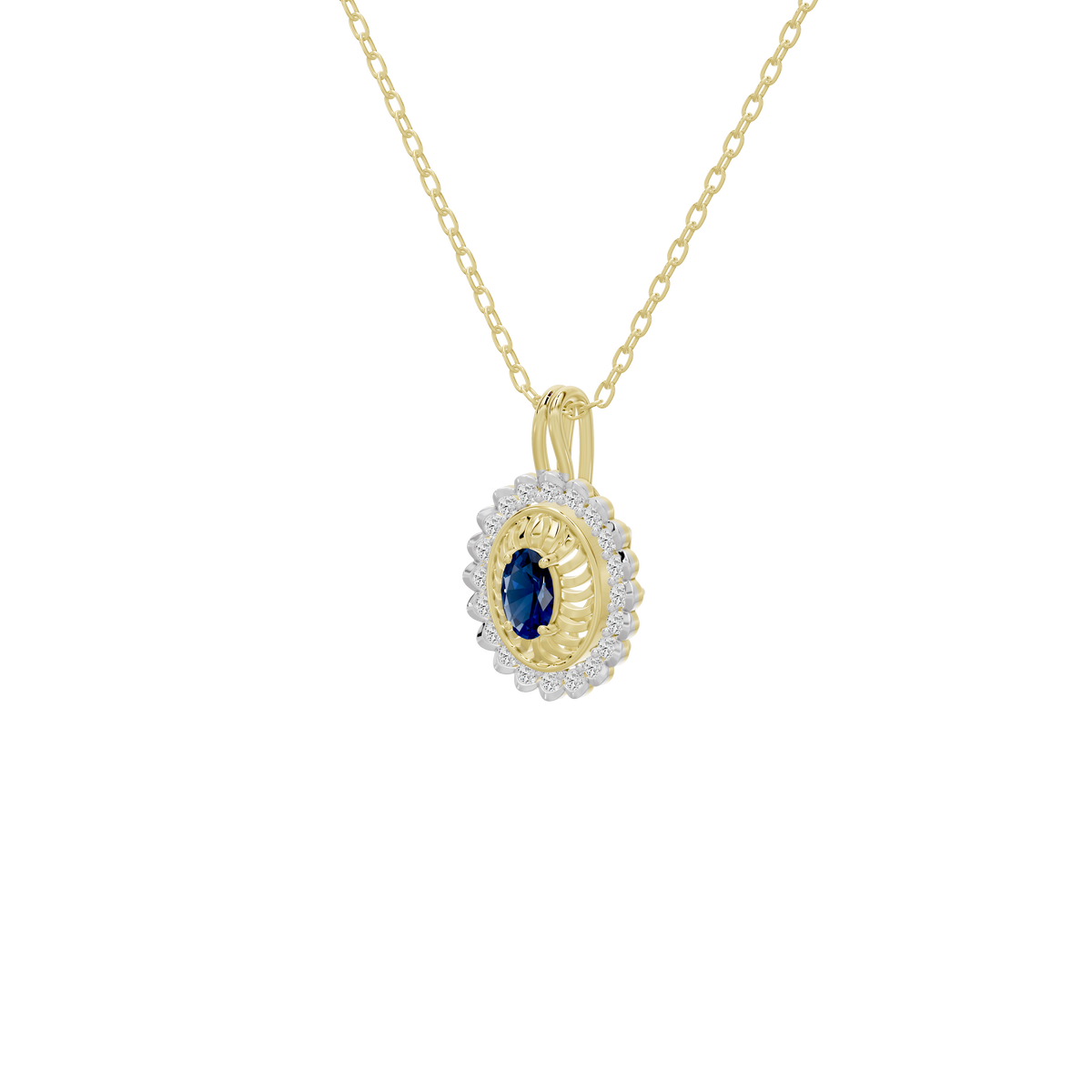 Lab diamond pendant front view: oval blue stone in white halo on yellow gold chain