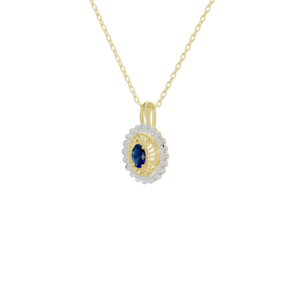Lab diamond pendant front view: oval blue stone in white halo on yellow gold chain