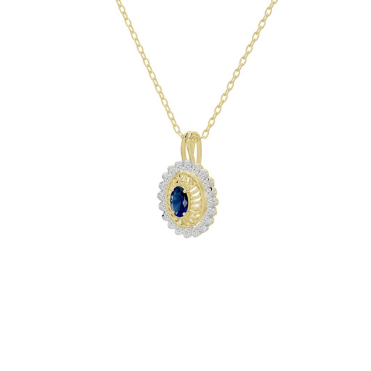 Lab diamond pendant front view: oval blue stone in white halo on yellow gold chain