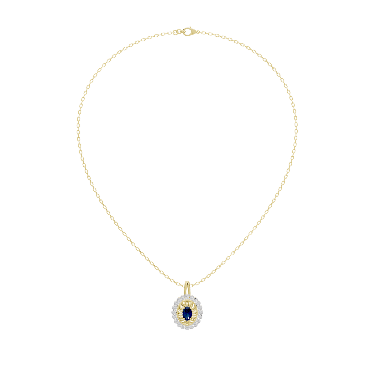 Lab diamond pendant with oval blue stone at end of yellow gold chain