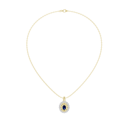 Lab diamond pendant with oval blue stone at end of yellow gold chain