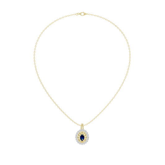 Lab diamond pendant with oval blue stone at end of yellow gold chain