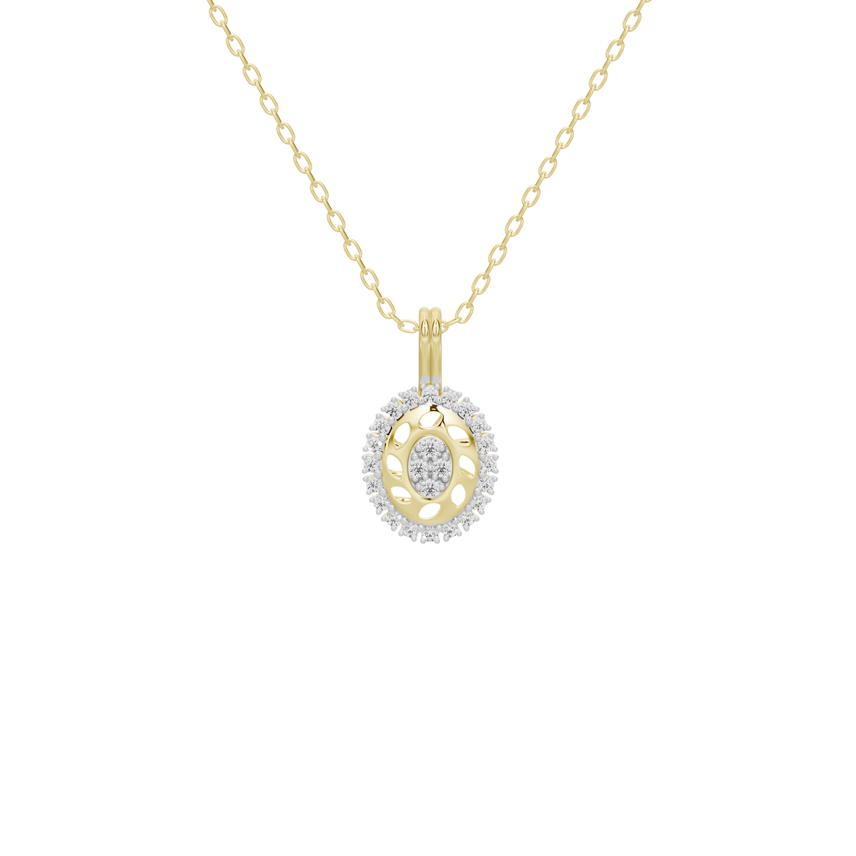 Yellow gold vermeil lab diamond pendant on beaded chain with oval halo setting