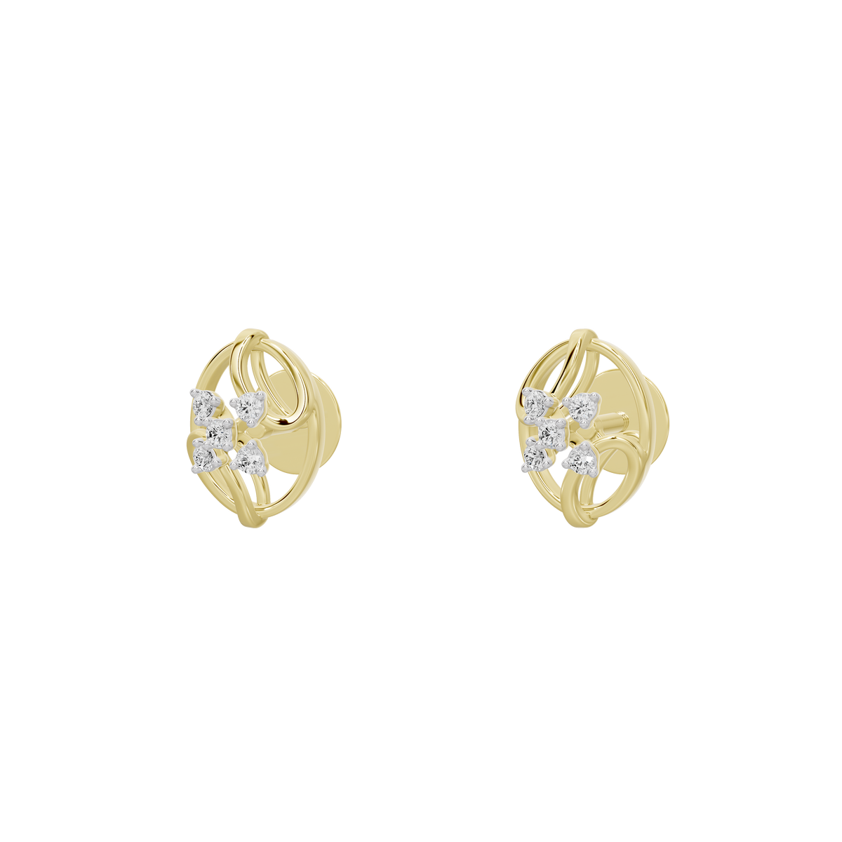Yellow gold vermeil lab-diamond hoop earrings, angled view of circular design