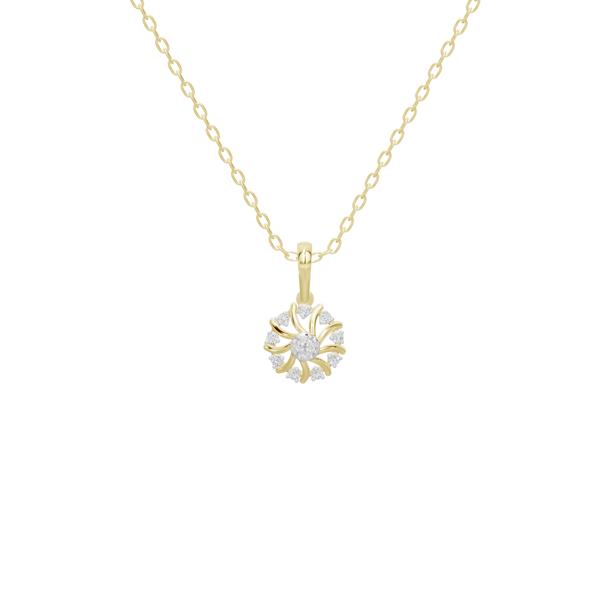 Cora lab diamond pendant necklace with gold chain and floral round pendant