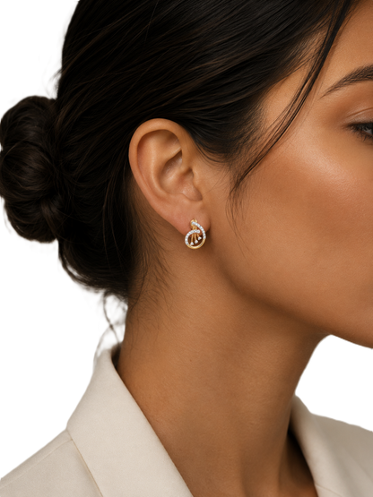 Yellow gold vermeil lab diamond hoop earrings on model ear with small circular stones