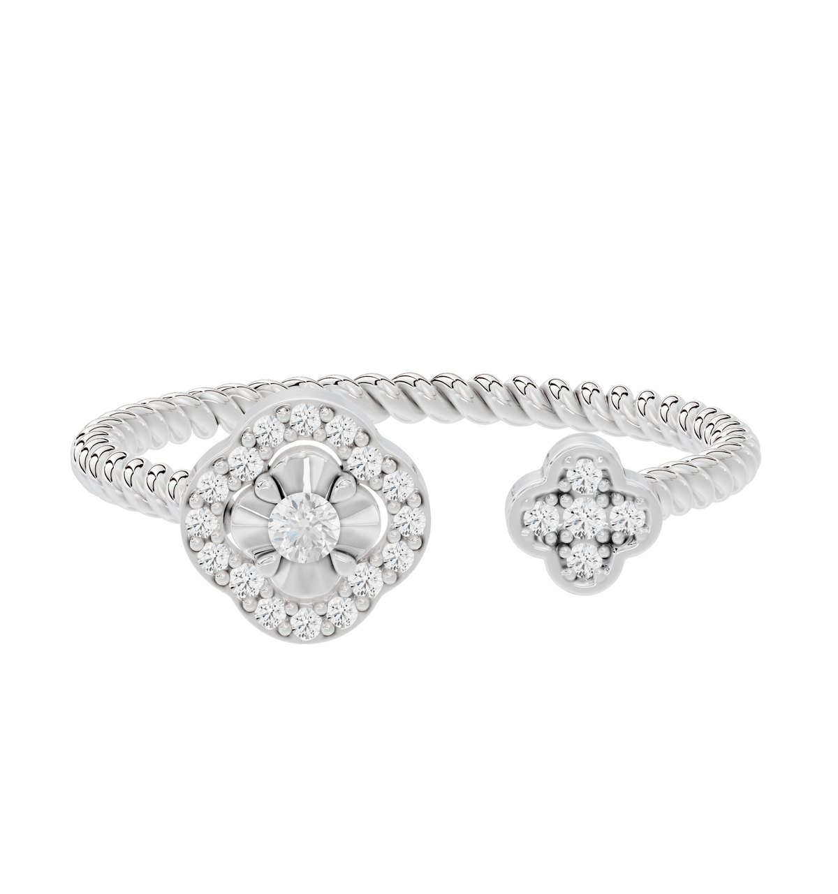 Sterling silver lab diamond dual ring with round center and floral halo details
