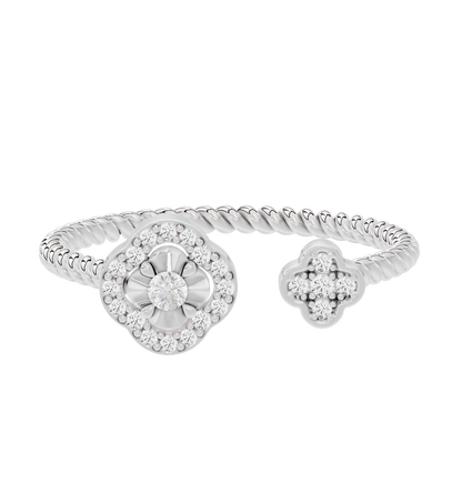 Sterling silver lab diamond dual ring with round center and floral halo details