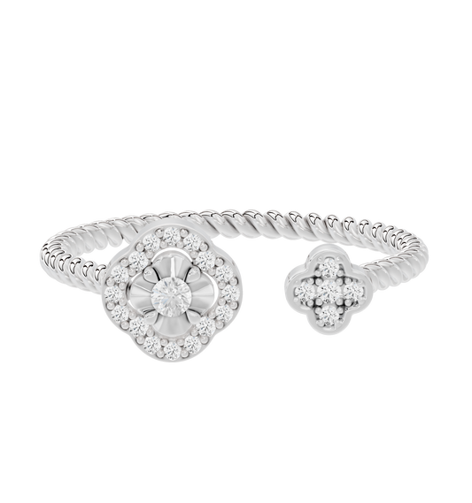 Sterling silver lab diamond dual ring with round center and floral halo details