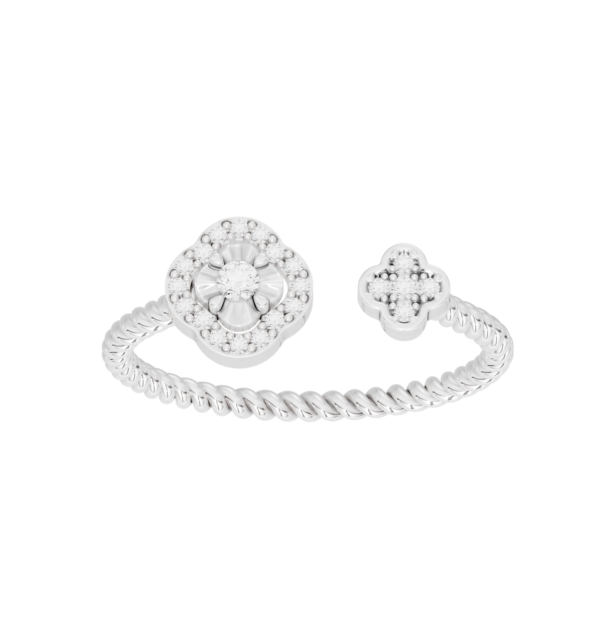 Sterling silver lab diamond ring with round center stone and small flower side cluster