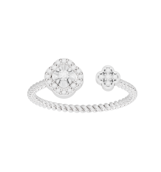 Sterling silver lab diamond ring with round center stone and small flower side cluster