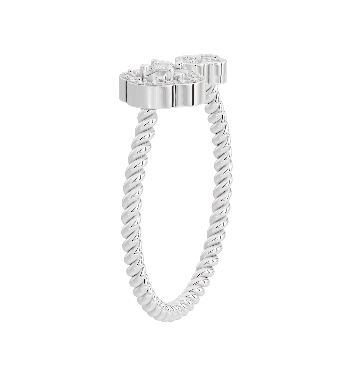 Sterling silver twisted shank ring with diamond pavé crown and open center setting