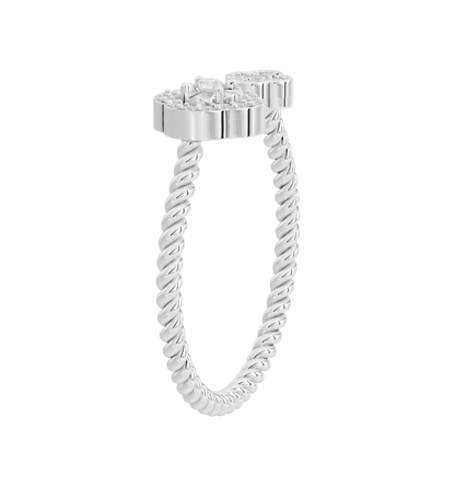 Sterling silver twisted shank ring with diamond pavé crown and open center setting