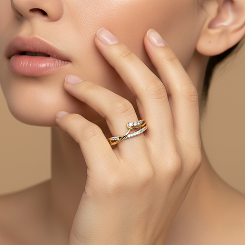 Yellow gold vermeil lab diamond ring with pavé band, worn on finger