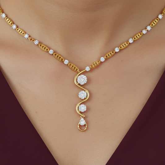 Close-up of yellow gold vermeil lab diamond necklace with oval link chain and stones
